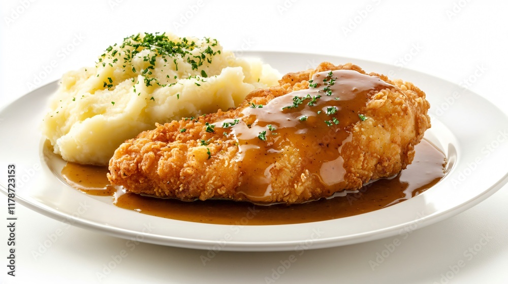 A fried chicken breast plated with mashed potatoes and gravy, isolated on a fine china plate A fried chicken breast plated with mashed potatoes and gravy, isolated on a fine china plate