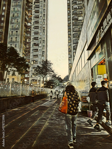 A pen and wash illustration featuring a street view in the city.