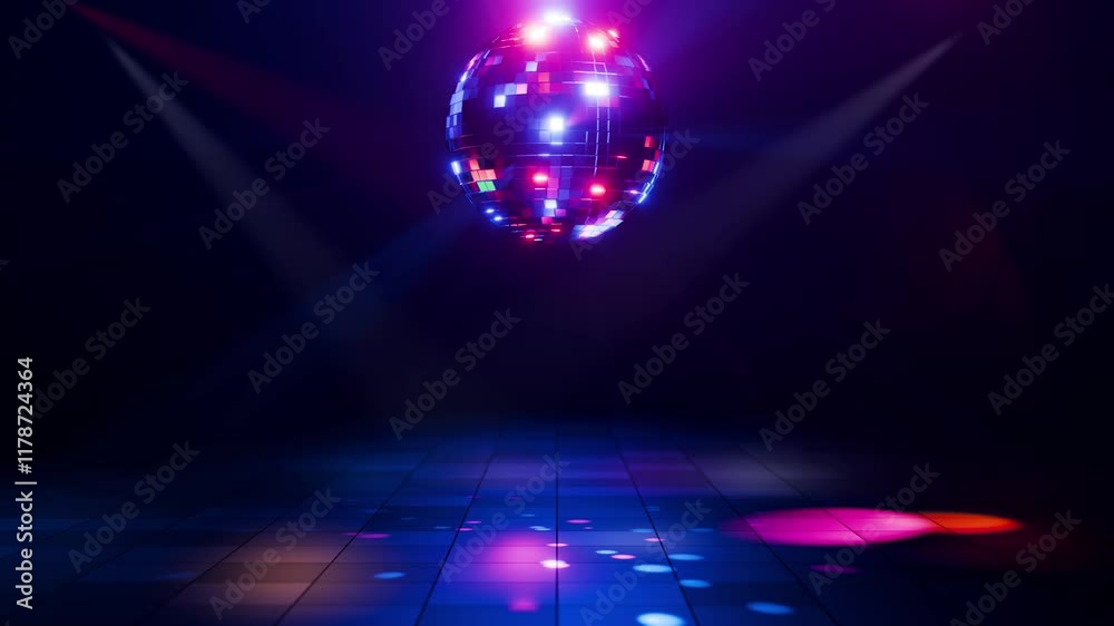Retro music. Looped 3D animation of disco ball rotation. Disco style. Seamless animation. Retro animation. Bright lights. Smooth rotation of disco ball with glare on mirrors.
