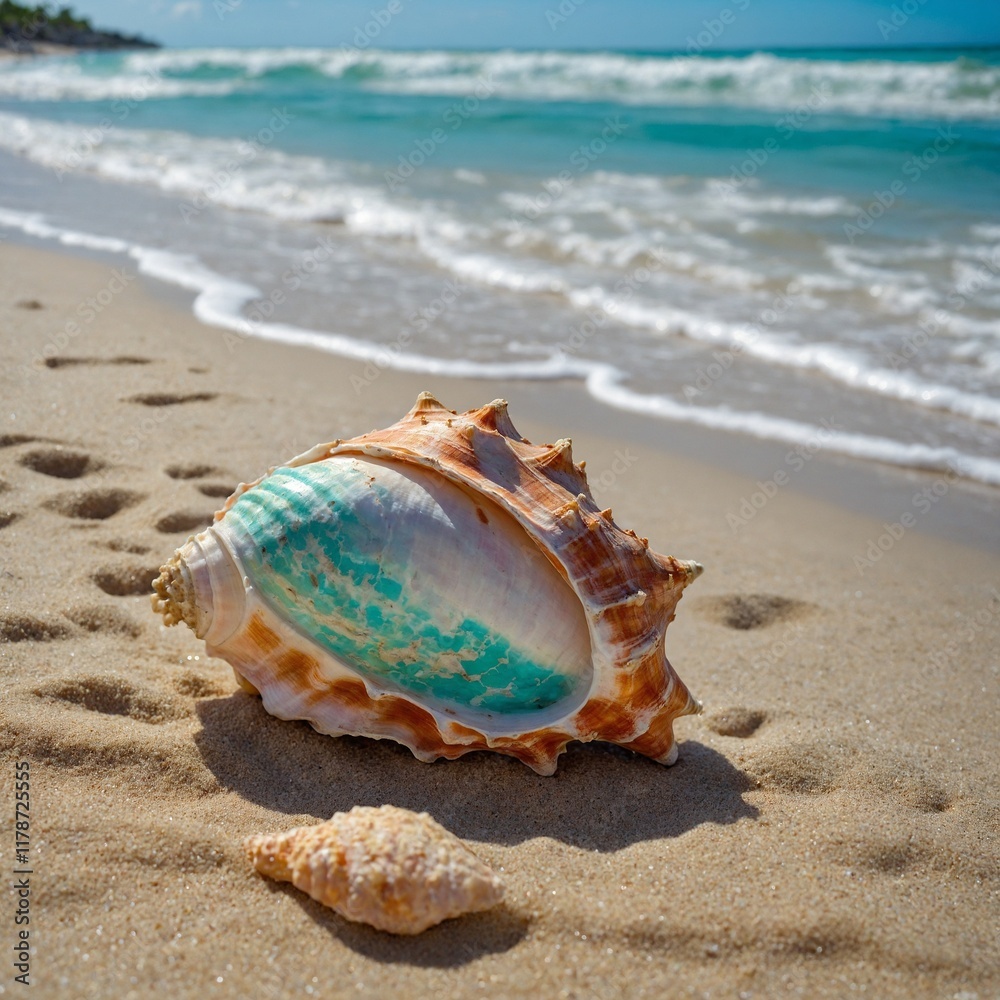 A close-up of a beautiful conch shell on the sandy shore with a turquoise ocean gently lapping at the sand. A close-up of a beautiful conch shell on the sandy shore with a turquoise ocean gently lapping at the sand.