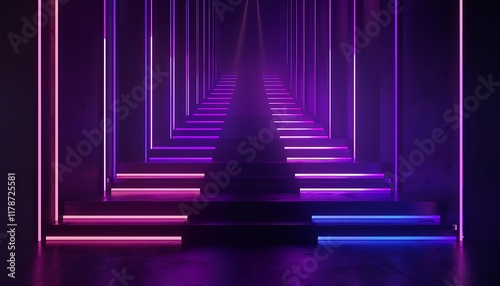 Dark stage with glowing neon lines, stairs illuminated in a captivating abstract style, ideal for banners. HD clarity.