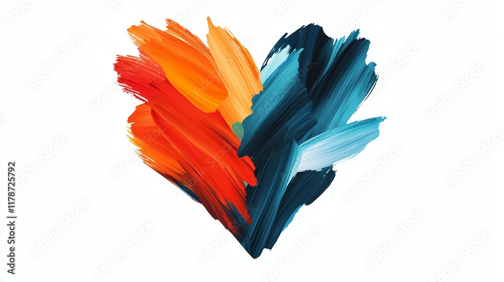 Fototapeta premium A vibrant heart shape created with bold brush strokes in orange, red, and teal, symbolizing love and creativity.