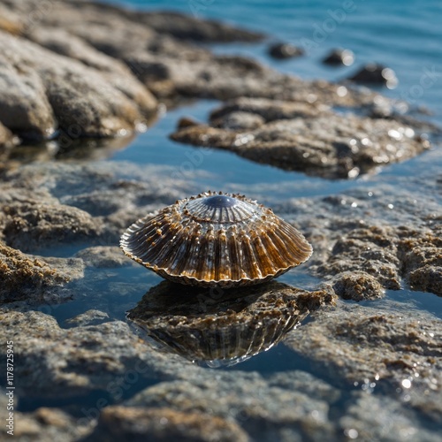 A delicate limpet clinging to a rock by the sea, with the reflection of a bright, clear sky in the water below. photo