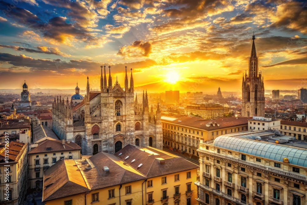 Fototapeta premium Panoramic vintage photo capturing Milan's Duomo at sunrise, a breathtaking cityscape view.