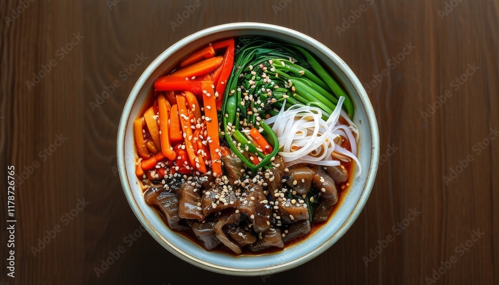 Colorful Bowl of Japchae with Fresh Vegetables and Toppings on Wooden Background Colorful Bowl of Japchae with Fresh Vegetables and Toppings on Wooden Background