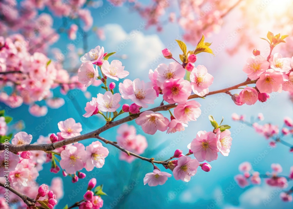 Pink blossoms paint a tranquil landscape; soft watercolor, aerial drone perspective. Pink blossoms paint a tranquil landscape; soft watercolor, aerial drone perspective.