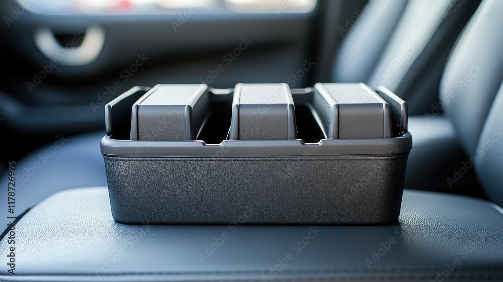 A foldable car organizer box placed on the passenger seat, ready for use A foldable car organizer box placed on the passenger seat, ready for use