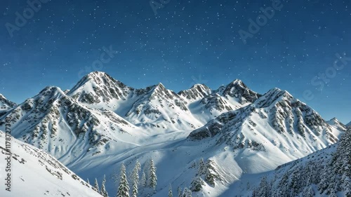 A stunning videograph showcasing a snow covered mountain range, standing tall and majestic, against a backdrop of a clear blue sky, Snow-covered mountains against a clear celestial sky photo