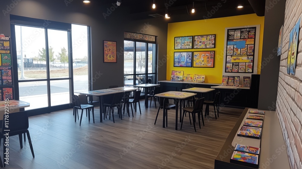 A kids' drawing corner in the store with tables, coloring supplies, and sample art. A kids' drawing corner in the store with tables, coloring supplies, and sample art.