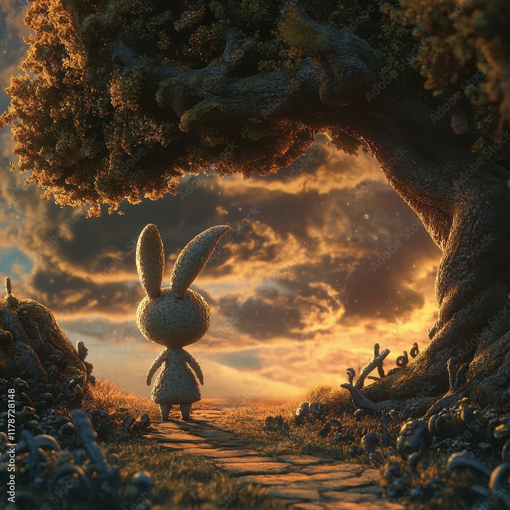 Obraz premium A whimsical rabbit stands beneath a tree, gazing at a vibrant sunset, surrounded by a magical landscape filled with lush greenery.