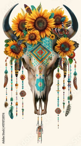 Bull Skull with Sunflowers and Tribal Patterns, ideal for western or bohemian themed designs photo