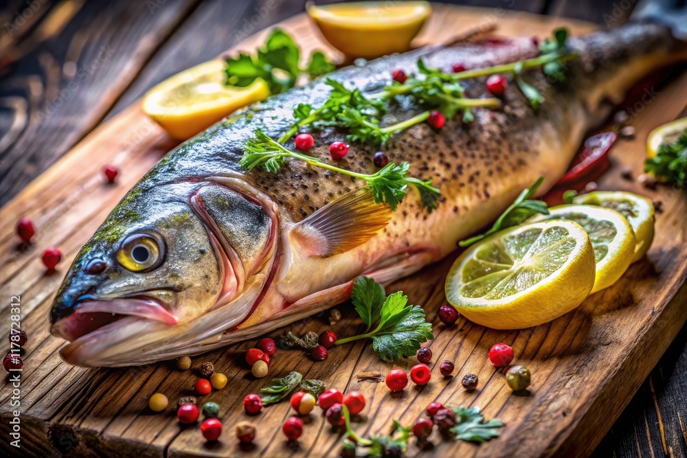 Rustic wood backdrop accentuates the delectable texture of the macro-photographed fish. Rustic wood backdrop accentuates the delectable texture of the macro-photographed fish.