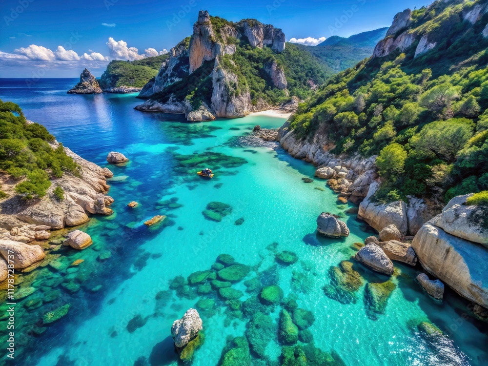 Fototapeta premium Sardinia's Cala Goloritze: breathtaking drone footage reveals emerald sea and rugged Baunei coast.