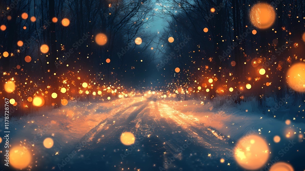 Obraz premium Blurred glowing golden light reflecting softly on a snowy forest road creating a peaceful and magical wintertime backdrop