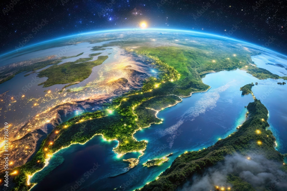 Fototapeta premium Satellite view reveals moonlit Eastern China & Taiwan's intricate night landscapes, a detailed low-light spectacle.