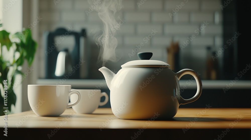 A steaming teapot sits on a wooden table beside two cups, creating a cozy atmosphere in a kitchen filled with natural light. A steaming teapot sits on a wooden table beside two cups, creating a cozy atmosphere in a kitchen filled with natural light.
