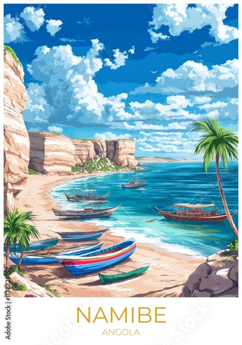 Namibe Angola Travel Poster Flat Illustration Print Decor Gift Canvas Wall Art Gift photo