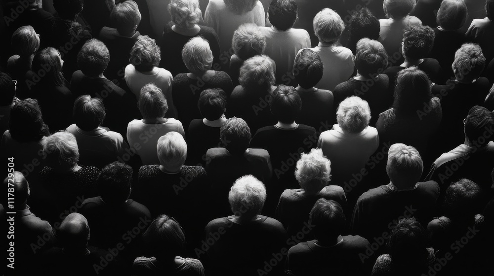 Obraz premium Monochrome view of a crowded audience from behind