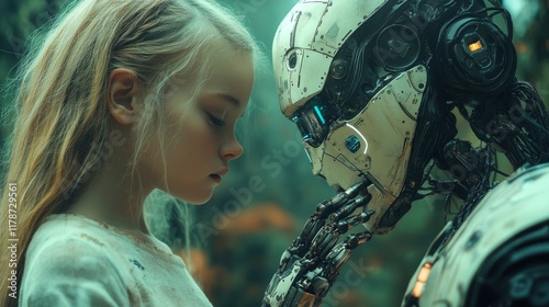 Young girl touching a robot in a futuristic setting photo