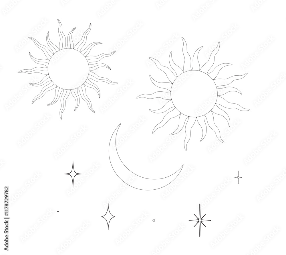 Obraz premium Set of Sun Moon Stars icons. Minimal celestial esoteric clipart for logo, tattoo, sunburst set. Vector illustration in linear drawing style on isolated background. Black etching day and night.
