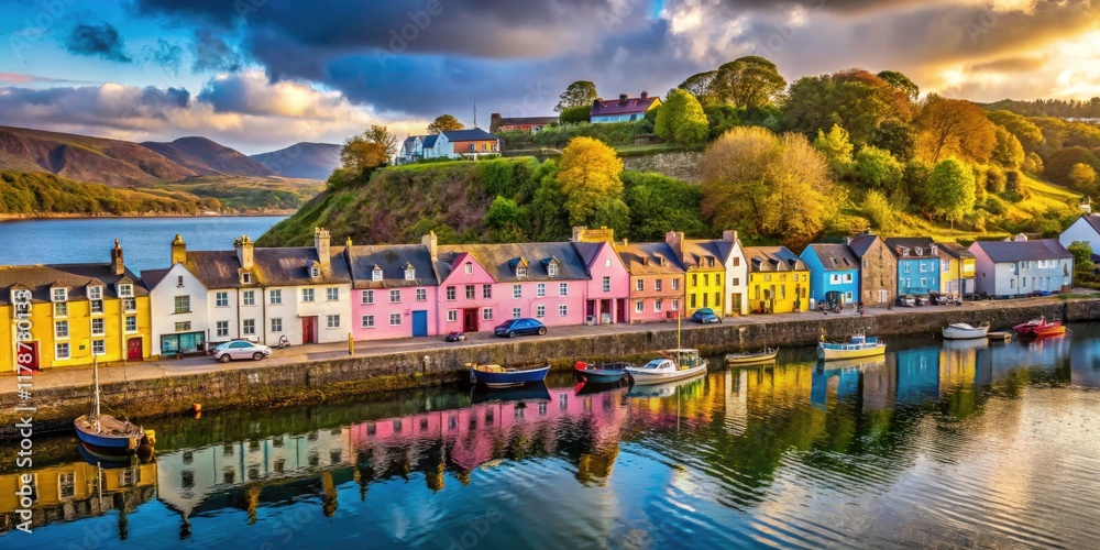Obraz premium Skye's Portree harbor explodes with color; high depth of field captures the Scottish scene's beauty.