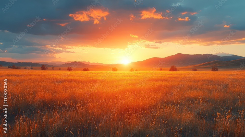 Golden Sunset Over Serene Prairie Landscape Golden Sunset Over Serene Prairie Landscape