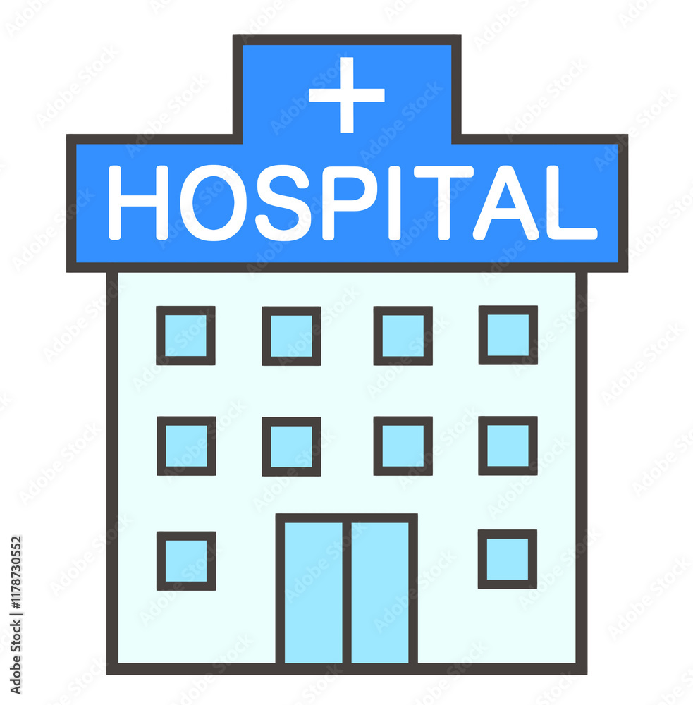 Obraz premium 病院 素材 アイコン 外観 シンプル おしゃれ 爽やか ポップ 文字 あしらい 挿絵 総合病院 救急病院 医院 クリニック 医療機関 医療施設 福祉 搬送 白背景 透過 Hospital building icon