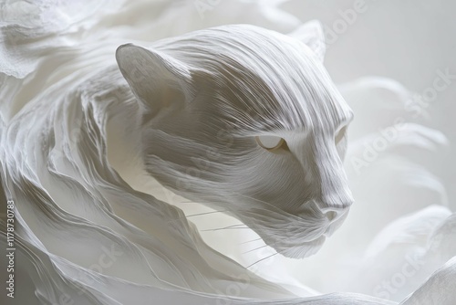Intricate paper sculpture of a white cat surrounded by flowing textures resembling fur and wind