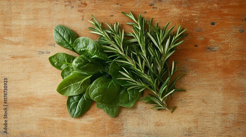 A handful of spinach leaves with a sprig of rosemary, isolated on a warm wooden background A handful of spinach leaves with a sprig of rosemary, isolated on a warm wooden background