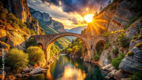 Southern France's stone bridge, bathed in bokeh's soft glow, defines Daluis Gorges' beauty. photo