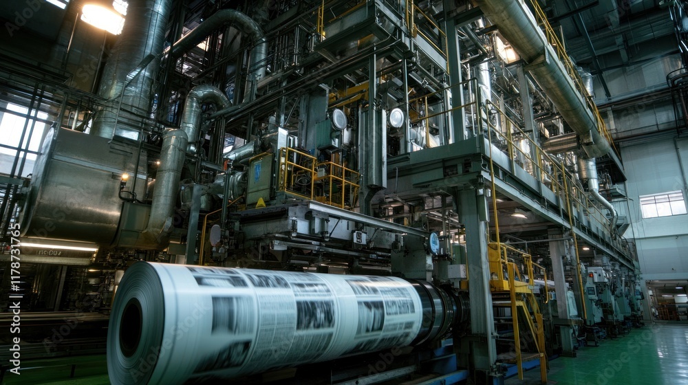 Industrial printing press machinery in a large factory, showing rolls of printed paper and complex metal structures. Industrial printing press machinery in a large factory, showing rolls of printed paper and complex metal structures.