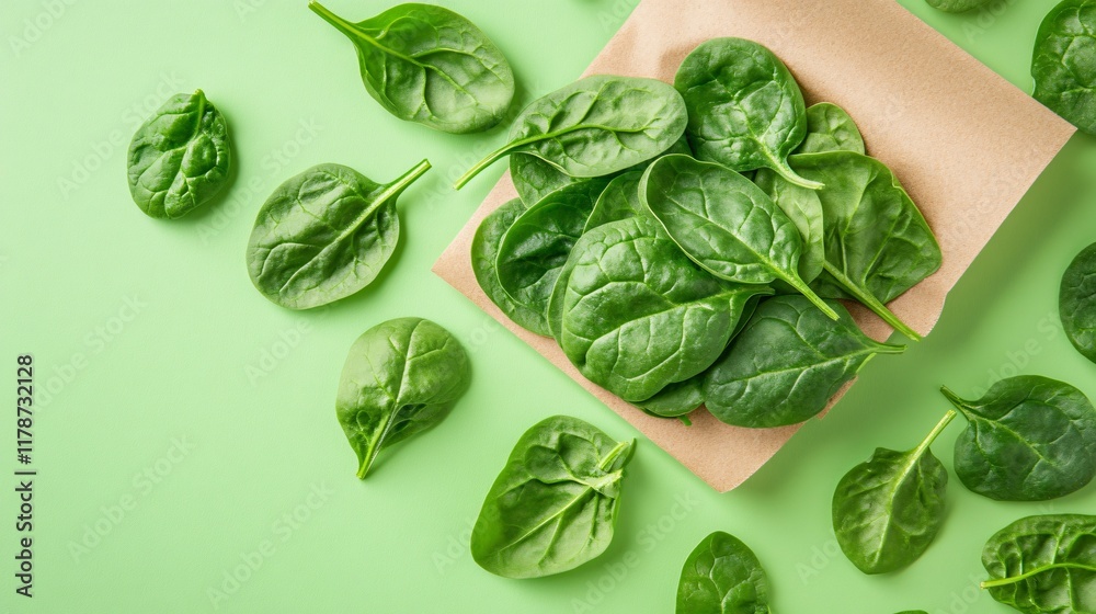 Obraz premium Fresh spinach leaves scattered randomly, isolated on a pastel green background
