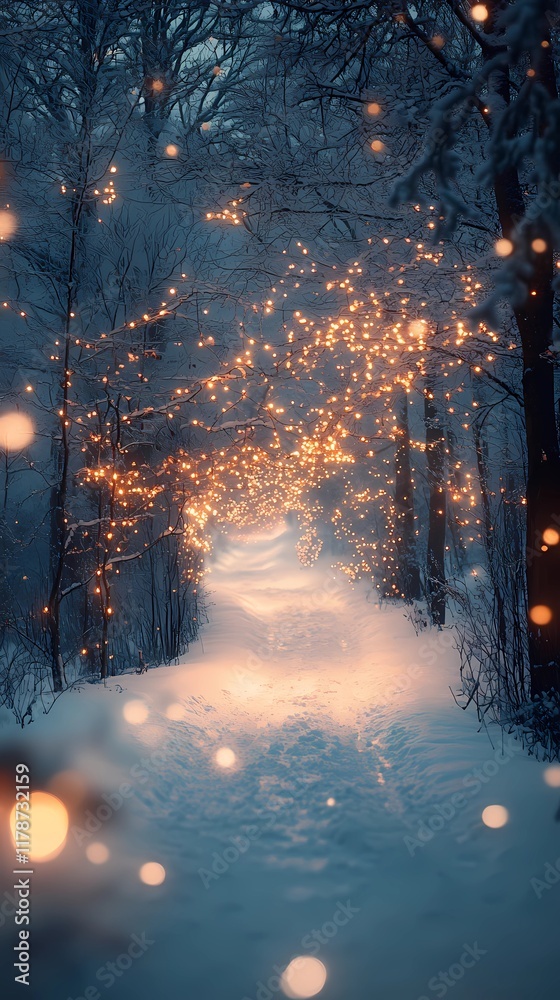 Fototapeta premium Blurred glowing golden light reflecting softly on a snowy forest road creating a peaceful and magical wintertime backdrop
