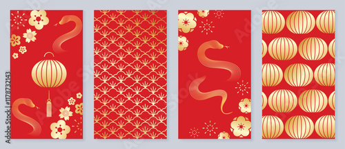 Chinese New Year 2025 hongbao red envelope design vector. Collection of Chinese festival with flower, snake, lantern, pattern. Elegant oriental illustration for angpao, cover, website, calendar, ads.