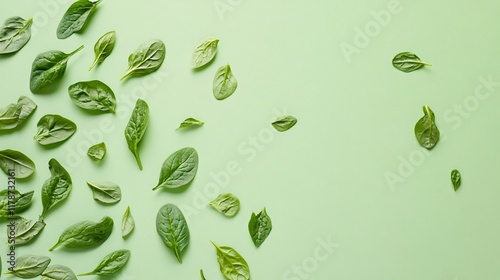 Fresh spinach leaves scattered randomly, isolated on a pastel green background