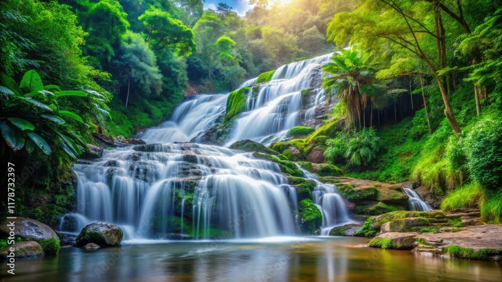 Fototapeta premium Close-up portrait at Mae Sa Waterfall, Chiang Mai. Cool daylight bathes lush green foliage.