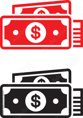 Money icon, dollar bills, currency symbol, financial concept, red and black design, simplified graphic, vector illustration, stack of cash, banking icon, economic symbol, flat design, minimalist icono