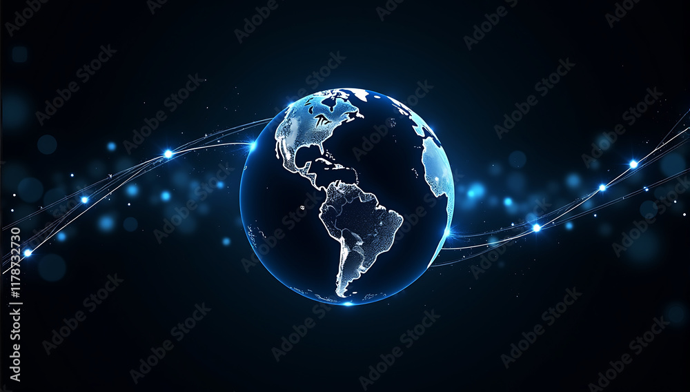 Fototapeta premium A digital global network concept with glowing blue connecting lines and light points encircling Earth, showcasing the night lights of North and South America against a dark background