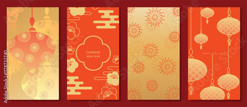 Chinese New Year 2025 hongbao red envelope design vector. Collection of Chinese festival with lantern, flower, cloud, pattern. Elegant oriental illustration for angpao, cover, website, calendar, ads.