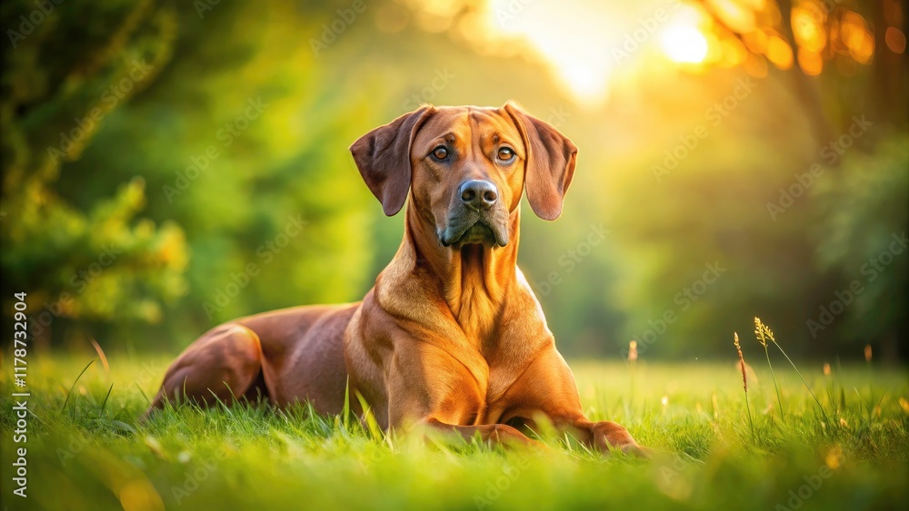 Stunning panoramic showcases a Rhodesian Ridgeback's regal presence; its ridge highlighted against vibrant grass. Stunning panoramic showcases a Rhodesian Ridgeback's regal presence; its ridge highlighted against vibrant grass.