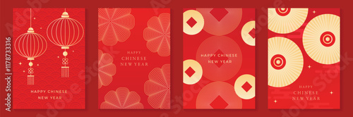 Chinese New Year 2025 greeting card background vector. Collection of Chinese festival with lantern, flower, coin, fan, pattern. Elegant oriental illustration for cover, poster, envelope, calendar.