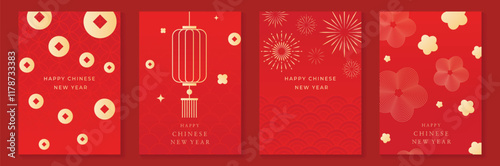 Chinese New Year 2025 greeting card background vector. Collection of Chinese festival with lantern, flower, coin,firework, pattern. Elegant oriental illustration for cover, poster, envelope, calendar.
