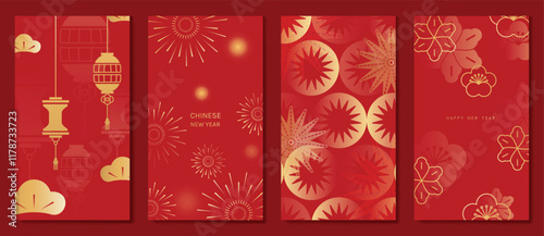 Chinese New Year 2025 greeting card background vector. Collection of Chinese festival with lantern, firework, flower, pattern. Elegant oriental illustration for cover, poster, envelope, calendar.