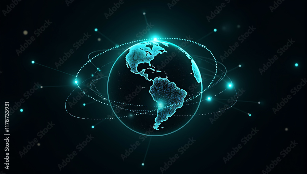 Digital global network concept with connecting lines and points around the Earth, blue background with night lights of North America and South America to reflect telecommunication design Digital global network concept with connecting lines and points around the Earth, blue background with night lights of North America and South America to reflect telecommunication design