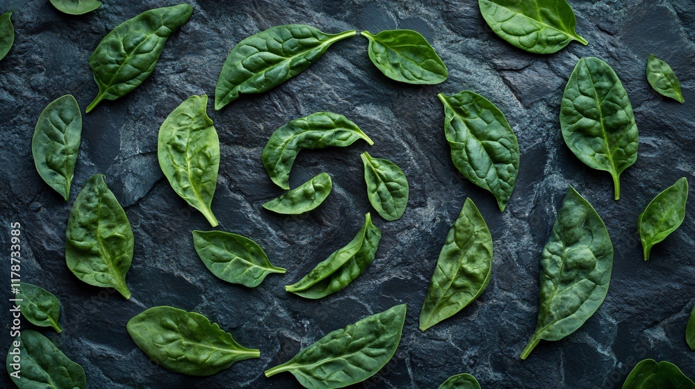 Spinach leaves formed into a spiral pattern, isolated on a dark stone backdrop Spinach leaves formed into a spiral pattern, isolated on a dark stone backdrop