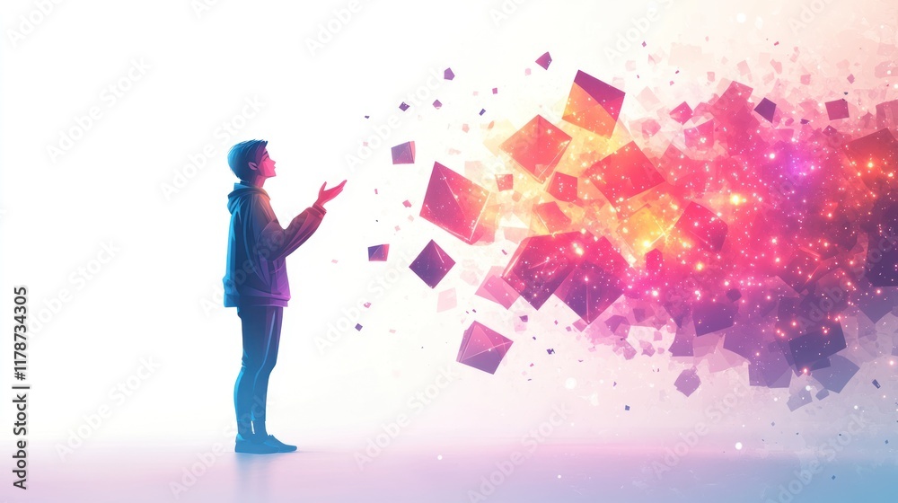 Person praying, colorful cubes exploding from hands. Person praying, colorful cubes exploding from hands.