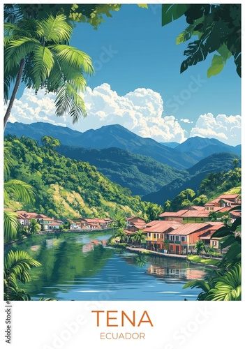 Tena Ecuador Travel Poster Flat Illustration Print Decor Gift Canvas Wall Art Gift photo