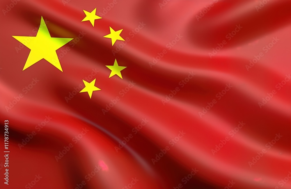 3D rendering of waving Chinese national flag. Flag red with five yellow stars. Dynamic flag movement conveys national pride, celebration. Design element ideal for Chinese culture, history. Used for 3D rendering of waving Chinese national flag. Flag red with five yellow stars. Dynamic flag movement conveys national pride, celebration. Design element ideal for Chinese culture, history. Used for