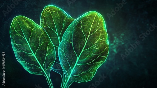 Spinach leaves with bold neon outlines, isolated on a dark futuristic background