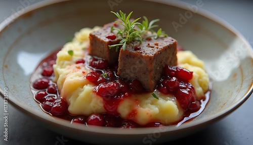 Delicious Meatloaf with Mashed Potatoes and Cranberry Sauce photo